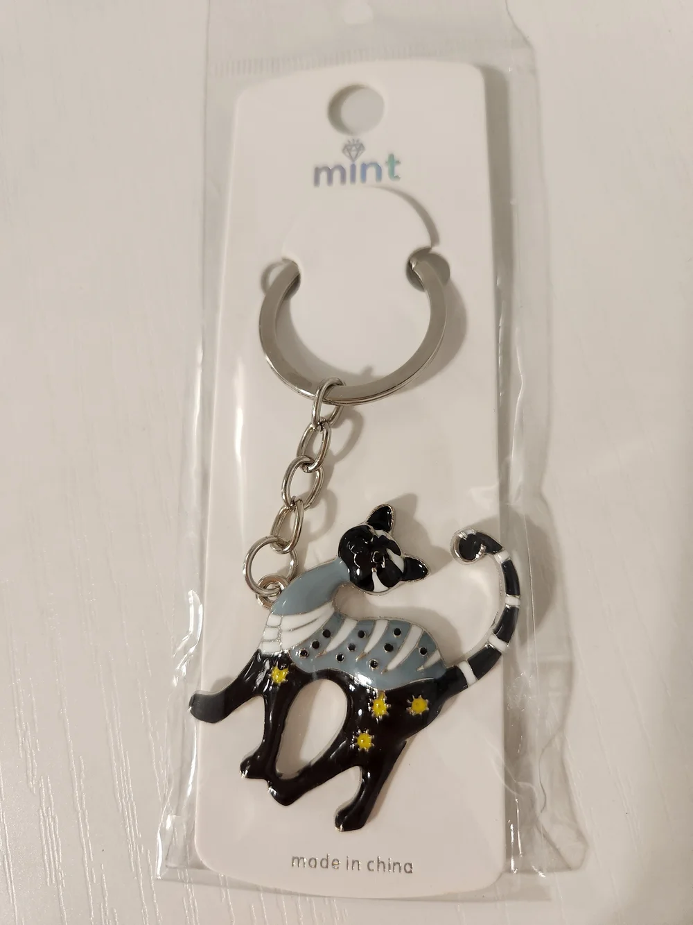 Mint Enamel Silver Light And Dark Blue Cat Keychain